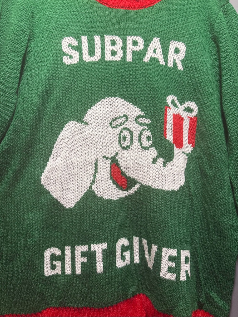 Green "Subpar Gift Giver" white elephant Holiday Sweater (med-ladies)